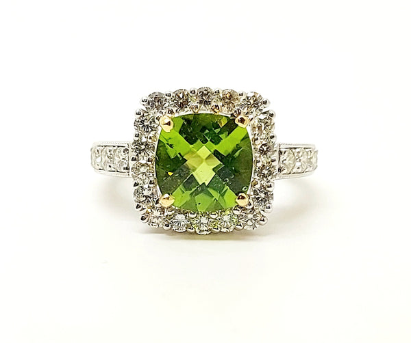 Cushion-Cut Peridot Diamond Halo Cocktail Ring in 14k White Gold