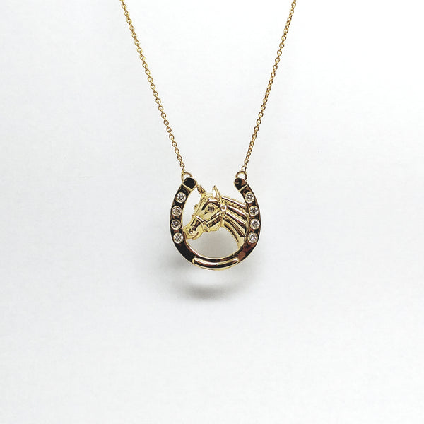 Diamond Horseshoe with Horse Pendant in Yellow Gold