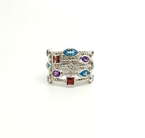 Five Row Semi- Precious Ring in Silver with Diamonds