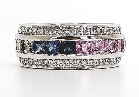 Channel Set Multi Sapphire and Diamond Ring in 14k White Gold